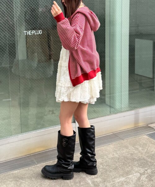 w closet（ダブルクローゼット）の「ボーダーニットパーカー（パーカー・レディース・ピンク/レッド/グレー/アイボリー・FREE）」の13枚目の写真