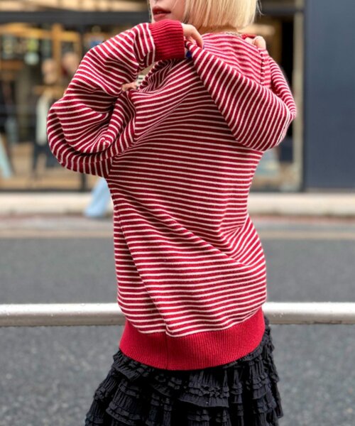 w closet（ダブルクローゼット）の「ボーダーニットパーカー（パーカー・レディース・ピンク/レッド/グレー/アイボリー・FREE）」の15枚目の写真