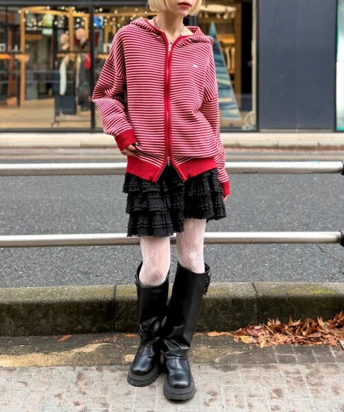 w closet（ダブルクローゼット）の「ボーダーニットパーカー（パーカー・レディース・ピンク/レッド/グレー/アイボリー・FREE）」の6枚目の写真