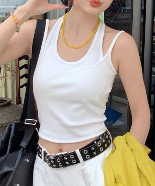 Lace Ladies(レースレディース)の「配色 フェイクレイヤード カップ付き リブ タンクトップ(タンクトップ・レディース・ブラック/グレー/ホワイト・FREE)」の9枚目の写真