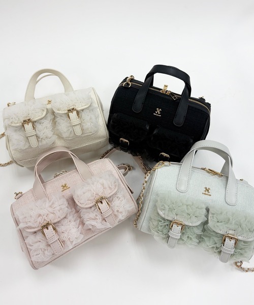 one after another NICE CLAUP（ワンアフターアナザーナイスクラップ）の「【premium order】チュールフリルボストンバッグ（ショルダーバッグ・レディース・ブラック/アイボリー/ピンク/ミント・FREE）」の6枚目の写真