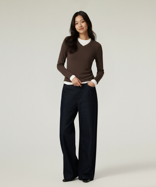BUTTON SEOUL（ボタンソウル）の「[ウィメンズ] 2ピースレイヤードVネックスリムロングスリーブTシャツ (4 COLORS)（Tシャツ/カットソー・レディース・ブラック/ライトブラウン/ライトグレー/ダークブラウン・SMALL/MEDIUM/LARGE）」の12枚目の写真