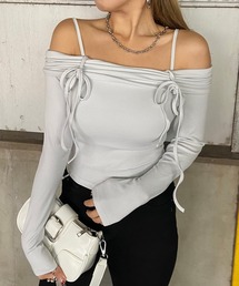 リブオフショルダーショート丈トップス