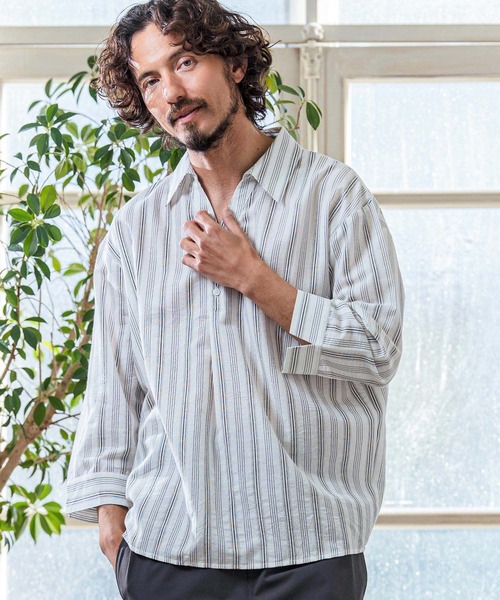 ms6418- Gauze Touch Stripe Skipper Polo Seven Sleeve Shirt 七分袖