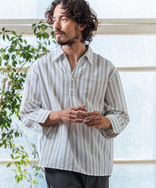 Magine（マージン）の「ms6418- Gauze Touch Stripe Skipper Polo Seven Sleeve Shirt 七分袖スキッパーポロシャツ(MGN-261-021)（ポロシャツ・メンズ・ホワイト/ネイビー/ブラック・48/46/44）」の4枚目の写真
