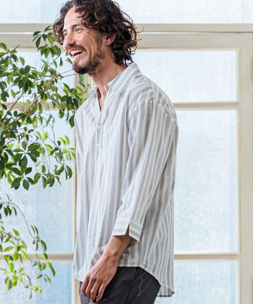 Magine（マージン）の「ms6418- Gauze Touch Stripe Skipper Polo Seven Sleeve Shirt 七分袖スキッパーポロシャツ(MGN-261-021)（ポロシャツ・メンズ・ホワイト/ネイビー/ブラック・48/46/44）」の5枚目の写真