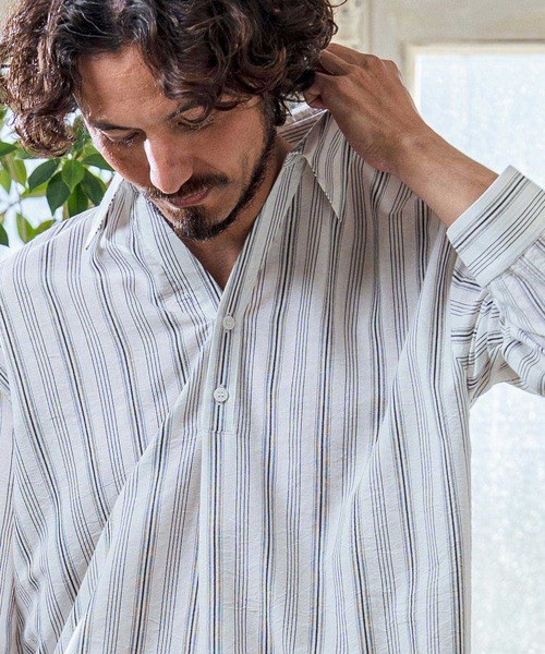 Magine（マージン）の「ms6418- Gauze Touch Stripe Skipper Polo Seven Sleeve Shirt 七分袖スキッパーポロシャツ(MGN-261-021)（ポロシャツ・メンズ・ホワイト/ネイビー/ブラック・48/46/44）」の6枚目の写真