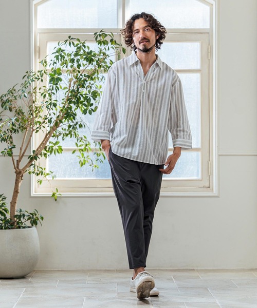 Magine（マージン）の「ms6418- Gauze Touch Stripe Skipper Polo Seven Sleeve Shirt 七分袖スキッパーポロシャツ(MGN-261-021)（ポロシャツ・メンズ・ホワイト/ネイビー/ブラック・48/46/44）」の8枚目の写真