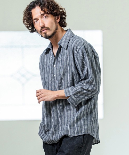Magine（マージン）の「ms6418- Gauze Touch Stripe Skipper Polo Seven Sleeve Shirt 七分袖スキッパーポロシャツ(MGN-261-021)（ポロシャツ・メンズ・ホワイト/ネイビー/ブラック・48/46/44）」の10枚目の写真