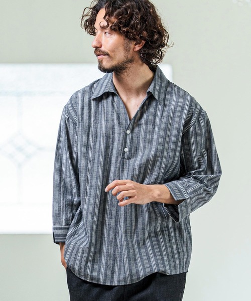 Magine（マージン）の「ms6418- Gauze Touch Stripe Skipper Polo Seven Sleeve Shirt 七分袖スキッパーポロシャツ(MGN-261-021)（ポロシャツ・メンズ・ホワイト/ネイビー/ブラック・48/46/44）」の11枚目の写真