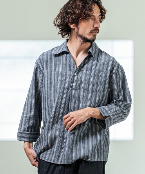 Magine（マージン）の「ms6418- Gauze Touch Stripe Skipper Polo Seven Sleeve Shirt 七分袖スキッパーポロシャツ(MGN-261-021)（ポロシャツ・メンズ・ホワイト/ネイビー/ブラック・48/46/44）」の12枚目の写真