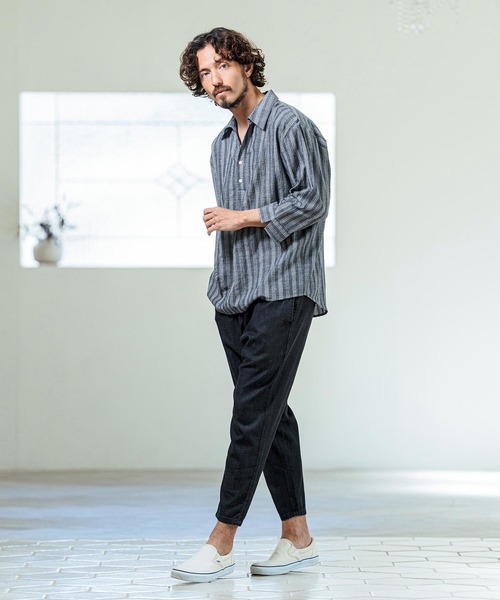 Magine（マージン）の「ms6418- Gauze Touch Stripe Skipper Polo Seven Sleeve Shirt 七分袖スキッパーポロシャツ(MGN-261-021)（ポロシャツ・メンズ・ホワイト/ネイビー/ブラック・48/46/44）」の13枚目の写真