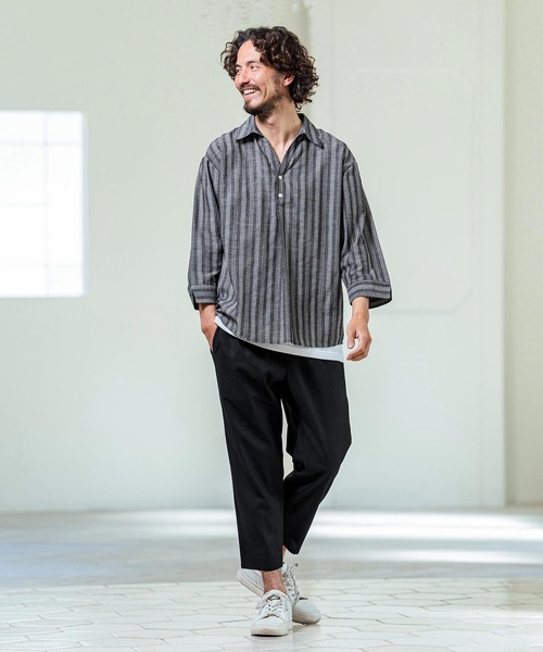 Magine（マージン）の「ms6418- Gauze Touch Stripe Skipper Polo Seven Sleeve Shirt 七分袖スキッパーポロシャツ(MGN-261-021)（ポロシャツ・メンズ・ホワイト/ネイビー/ブラック・48/46/44）」の18枚目の写真