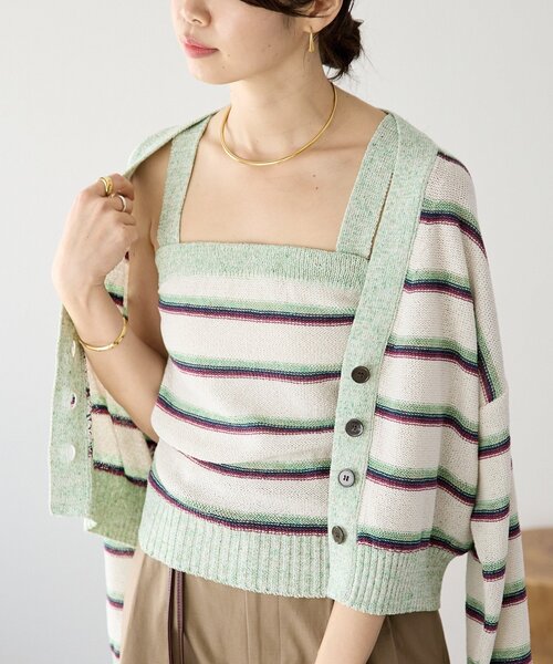 RIVE DROITE（リヴドロワ）の「予約【アンサンブル着用可能】マルチボーダーニットキャミ（キャミソール・レディース・ホワイト系その他/ブラウン・FREE）」の5枚目の写真