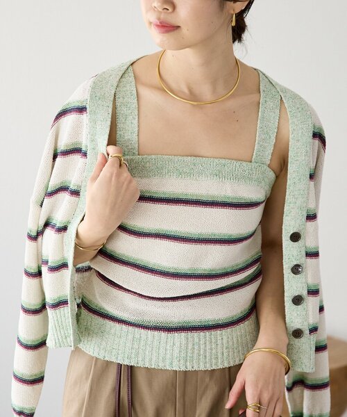 RIVE DROITE（リヴドロワ）の「予約【アンサンブル着用可能】マルチボーダーニットキャミ（キャミソール・レディース・ホワイト系その他/ブラウン・FREE）」の7枚目の写真