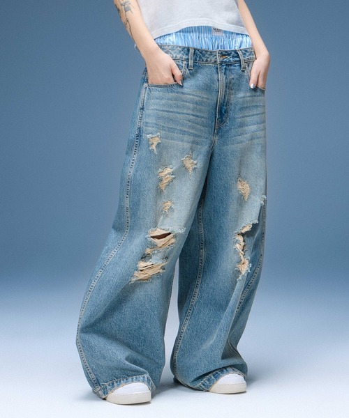 X-girl(エックスガール)の「DISTRESSED BAGGY DENIM PANTS(デニムパンツ・レディース・ブラック/インディゴブルー・S/M/XS)」の1枚目の写真