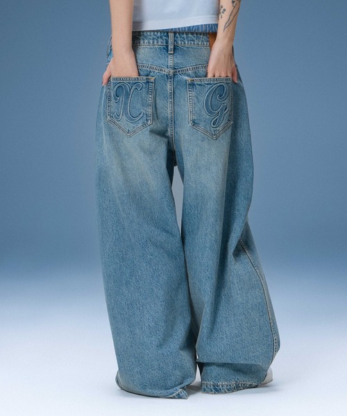 X-girl(エックスガール)の「DISTRESSED BAGGY DENIM PANTS(デニムパンツ・レディース・ブラック/インディゴブルー・S/M/XS)」の3枚目の写真
