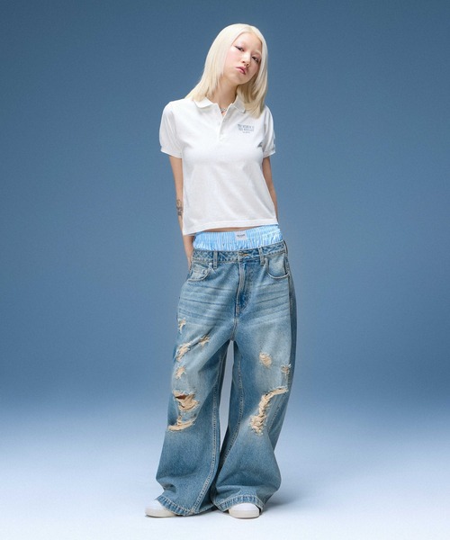 X-girl(エックスガール)の「DISTRESSED BAGGY DENIM PANTS(デニムパンツ・レディース・ブラック/インディゴブルー・S/M/XS)」の5枚目の写真
