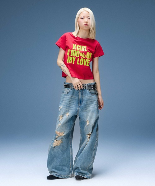 X-girl(エックスガール)の「DISTRESSED BAGGY DENIM PANTS(デニムパンツ・レディース・ブラック/インディゴブルー・S/M/XS)」の8枚目の写真