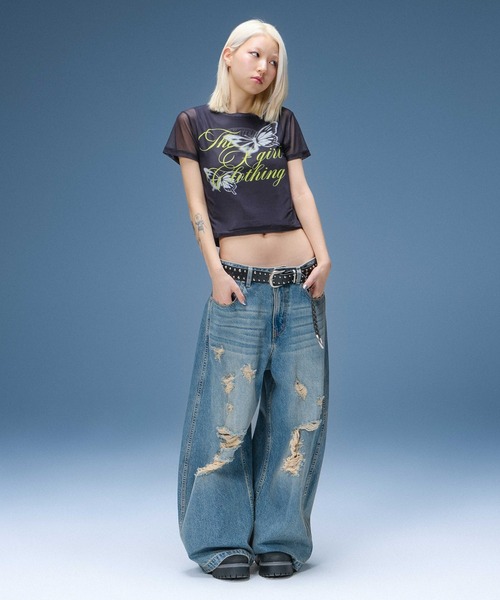 X-girl(エックスガール)の「DISTRESSED BAGGY DENIM PANTS(デニムパンツ・レディース・ブラック/インディゴブルー・S/M/XS)」の11枚目の写真