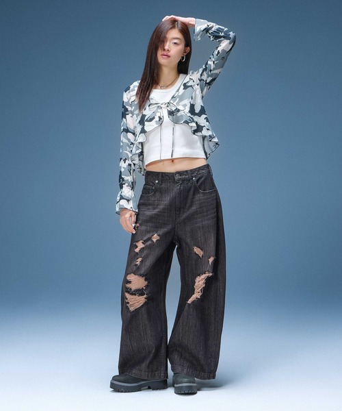 X-girl(エックスガール)の「DISTRESSED BAGGY DENIM PANTS(デニムパンツ・レディース・ブラック/インディゴブルー・S/M/XS)」の17枚目の写真