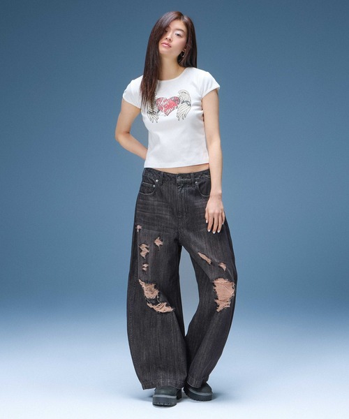 X-girl(エックスガール)の「DISTRESSED BAGGY DENIM PANTS(デニムパンツ・レディース・ブラック/インディゴブルー・S/M/XS)」の21枚目の写真