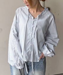 ISOOK | 【ISOOK / アイスー】フリルネックストライプブラウス / 柄シャツ 長袖 春服 春トップス ボタン ブルー ホワイト ZOZOTOWN限定(シャツ/ブラウス)