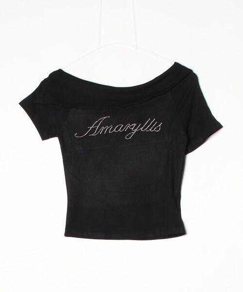 .KOM(ドットコム)の「A'GEM/9 × .kom 『.KOM/ドットケーオーエム』ラインストーンロゴオフショルダートップス(Tシャツ/カットソー・レディース・ホワイト/ブラック・S)」の4枚目の写真