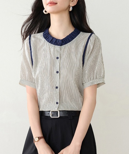 ReRe(リリ)の「ストライプ×配色デザインブラウス(シャツ/ブラウス・レディース・ベージュ・MEDIUM/LARGE/X-LARGE)」の10枚目の写真