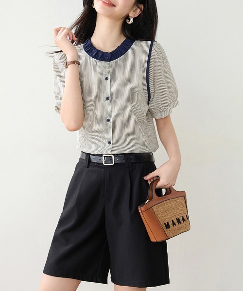 ReRe(リリ)の「ストライプ×配色デザインブラウス(シャツ/ブラウス・レディース・ベージュ・MEDIUM/LARGE/X-LARGE)」の5枚目の写真