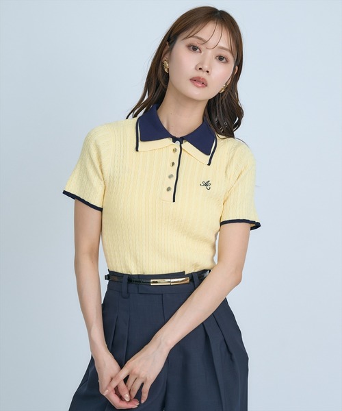 AND COUTURE(アンドクチュール)の「ダブルカラーケーブルポロニット(ニット/セーター・レディース・ピンク/ネイビー/イエロー/オフホワイト・FREE)」の3枚目の写真