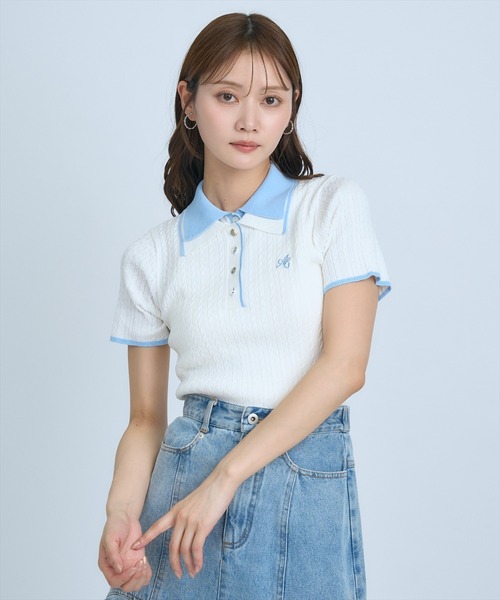 AND COUTURE(アンドクチュール)の「ダブルカラーケーブルポロニット(ニット/セーター・レディース・ピンク/ネイビー/イエロー/オフホワイト・FREE)」の6枚目の写真