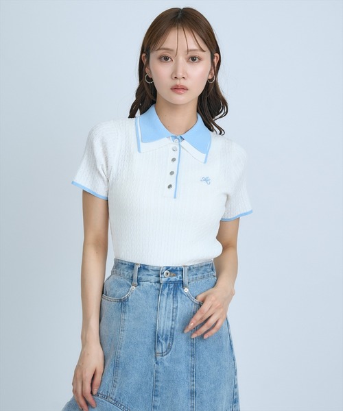 AND COUTURE(アンドクチュール)の「ダブルカラーケーブルポロニット(ニット/セーター・レディース・ピンク/ネイビー/イエロー/オフホワイト・FREE)」の9枚目の写真