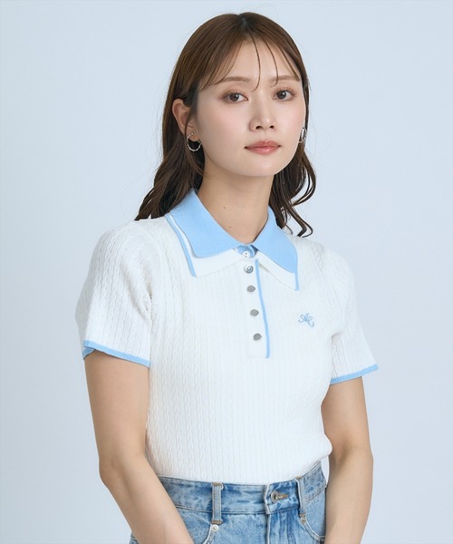 AND COUTURE(アンドクチュール)の「ダブルカラーケーブルポロニット(ニット/セーター・レディース・ピンク/ネイビー/イエロー/オフホワイト・FREE)」の16枚目の写真