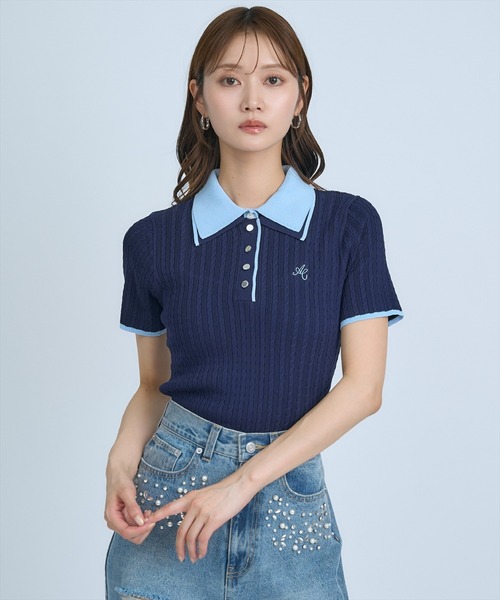 AND COUTURE(アンドクチュール)の「ダブルカラーケーブルポロニット(ニット/セーター・レディース・ピンク/ネイビー/イエロー/オフホワイト・FREE)」の20枚目の写真