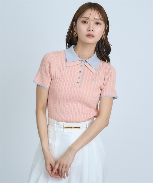 AND COUTURE(アンドクチュール)の「ダブルカラーケーブルポロニット(ニット/セーター・レディース・ピンク/ネイビー/イエロー/オフホワイト・FREE)」の5枚目の写真