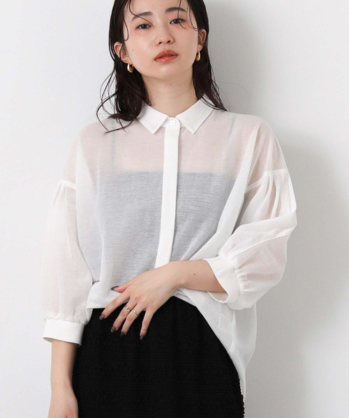 Gready Brilliant(グレディブリリアン)の「シアー天竺衿付きパフスリーブカットソー(Tシャツ/カットソー・レディース・コーラルピンク/ブラック/オフホワイト/ベージュ・FREE)」の1枚目の写真