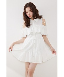 バイカラーパフスリーブミニニットワンピース 春服 夏服（ワンピース