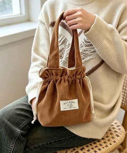 Miniministore(ミニミニストア)の「ミニトートバッグ コーデュロイ巾着鞄軽量(ハンドバッグ・レディース・ライトグレー/ライトブルー/ブラック/ベージュ/ダークグリーン/スモークピンク/ミント/ピンク/イエロー/アイボリー/キャメル・FREE)」の9枚目の写真
