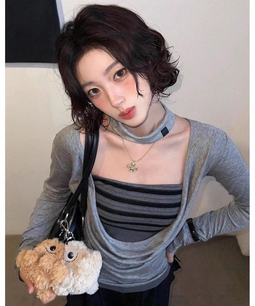 inst.ALL(インストール)の「ボーダーレイヤード風ドレープトップス(Tシャツ/カットソー・レディース・グレー・M)」の1枚目の写真