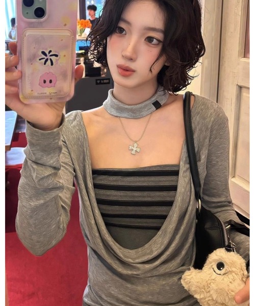 inst.ALL(インストール)の「ボーダーレイヤード風ドレープトップス(Tシャツ/カットソー・レディース・グレー・M)」の3枚目の写真