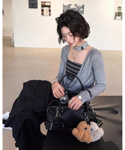 inst.ALL(インストール)の「ボーダーレイヤード風ドレープトップス(Tシャツ/カットソー・レディース・グレー・M)」の4枚目の写真