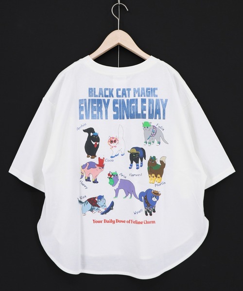 ScoLar(スカラー)の「162655:ブラックキャットマジック柄 接触冷感Tシャツ(Tシャツ/カットソー・レディース・グリーン/サックスブルー/ブラック/オフホワイト・M)」の12枚目の写真