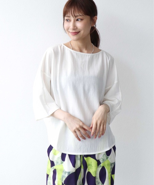 Jines(ジネス)の「ナチュラルスムース7分袖トップス(Tシャツ/カットソー・レディース・ブルー/チャコールグレー/ベージュ/ホワイト・38)」の1枚目の写真
