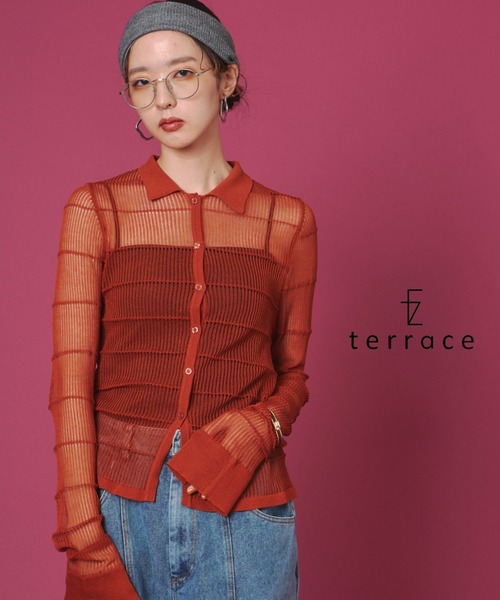terrace(テラス)の「ボーダーデザインニットシャツ(ニット/セーター・レディース・グレイッシュベージュ/ダークオレンジ/チャコール・FREE)」の3枚目の写真