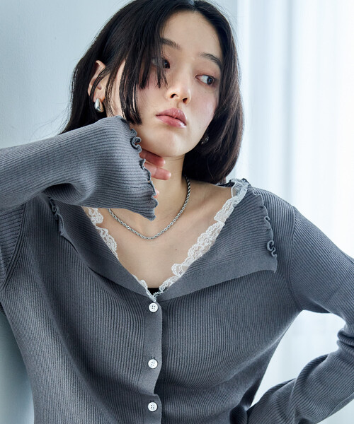 FREAK'S STORE(フリークスストア)の「チビレースニットカーディガン(カーディガン/ボレロ・レディース・ネイビー/ナチュラル/グレー・フリ-)」の2枚目の写真