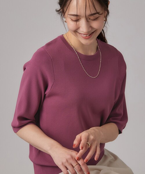 SHOO・LA・RUE(シューラルー)の「【ガンガン洗える/ひんやり/UV/毛玉になりにくい】二の腕見せない 5分袖ニット(ニット/セーター・レディース・ブラウン系3/ライトパープル/ブラック/ブルー系その他/アイボリー/ブラウン系その他・01/02/03/04)」の6枚目の写真