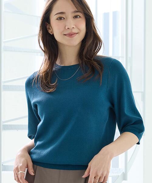 SHOO・LA・RUE(シューラルー)の「【ガンガン洗える/ひんやり/UV/毛玉になりにくい】二の腕見せない 5分袖ニット(ニット/セーター・レディース・ブラウン系3/ライトパープル/ブラック/ブルー系その他/アイボリー/ブラウン系その他・01/02/03/04)」の7枚目の写真