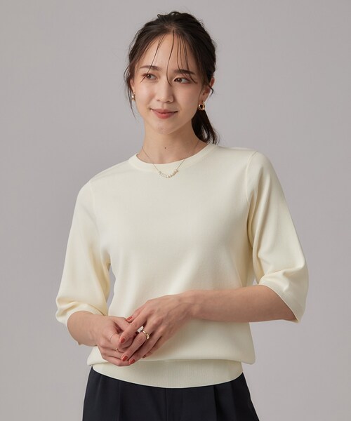 SHOO・LA・RUE(シューラルー)の「【ガンガン洗える/ひんやり/UV/毛玉になりにくい】二の腕見せない 5分袖ニット(ニット/セーター・レディース・ブラウン系3/ライトパープル/ブラック/ブルー系その他/アイボリー/ブラウン系その他・01/02/03/04)」の8枚目の写真