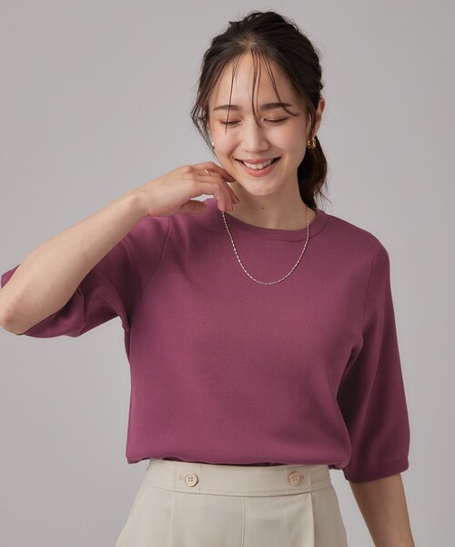 SHOO・LA・RUE(シューラルー)の「【ガンガン洗える/ひんやり/UV/毛玉になりにくい】二の腕見せない 5分袖ニット(ニット/セーター・レディース・ブラウン系3/ライトパープル/ブラック/ブルー系その他/アイボリー/ブラウン系その他・01/02/03/04)」の20枚目の写真
